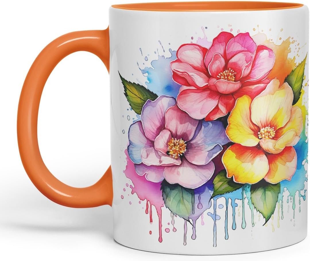 Vixar Camellia Elegant Bloom Mug Coloured Ceramic Mug Cup Gift, 11oz (Orange)
