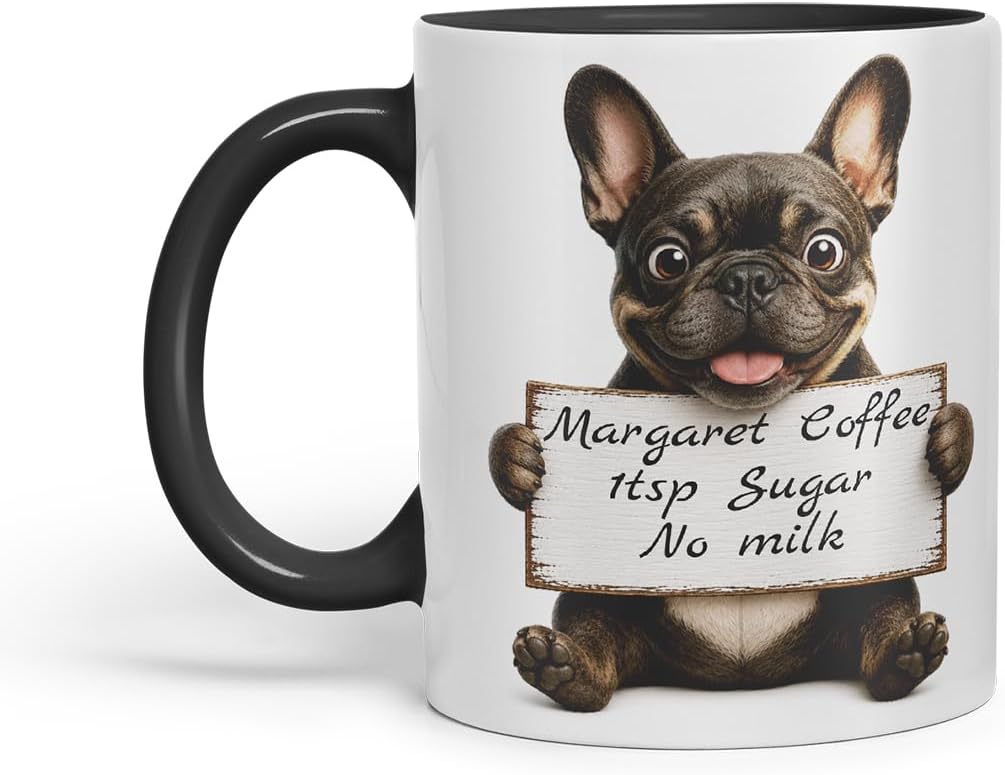 Vixar Personalised French Bulldog Dog Pet Mug with Name or Custom Message – Cute Animal Coloured Ceramic Mug Cup Gift, 11oz (Black)
