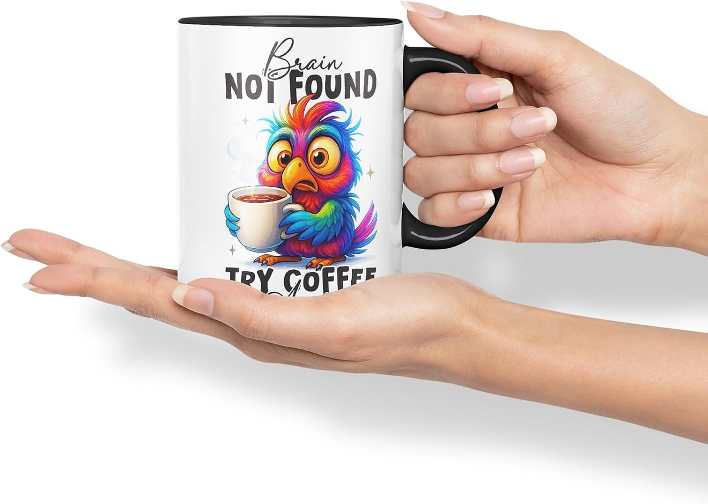 Vixar Brain Not Found Try Coffee Again Funny Bird Coffee Mug – Coloured Ceramic Mug Cup Gift, 11oz (Black)