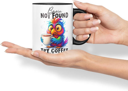 Vixar Brain Not Found Try Coffee Again Funny Bird Coffee Mug – Coloured Ceramic Mug Cup Gift, 11oz (Black)