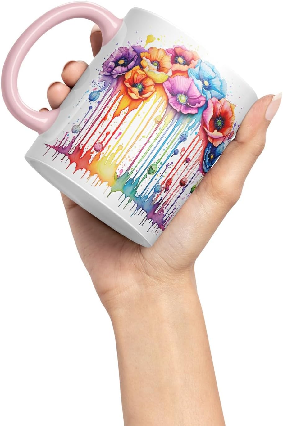 Vixar Poppy Field Art Mug Coloured Ceramic Mug Cup Gift, 11oz (Pink)