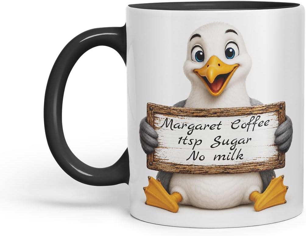 Vixar Personalised Seagull Mug with Name or Custom Message – Cute Animal Coloured Ceramic Mug Cup Gift, 11oz (Black)