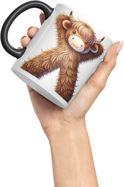 Highland Cow Alphabet Monogram Coloured Ceramic Cup Mug Letter X Rustic Farmhouse Animal Letter Gift V2 11oz (Black)