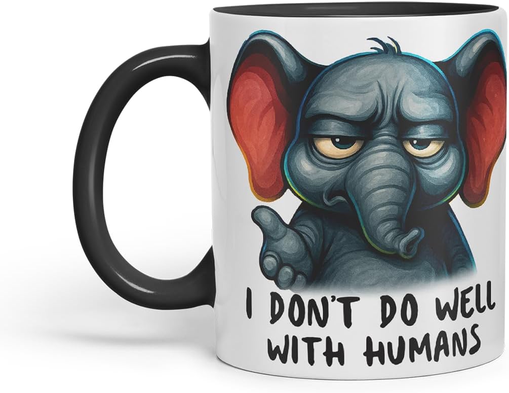 Vixar I Don't Do Well with Humans Funny Elephant Mug – Coloured Ceramic Mug Cup Gift, 11oz (Black)