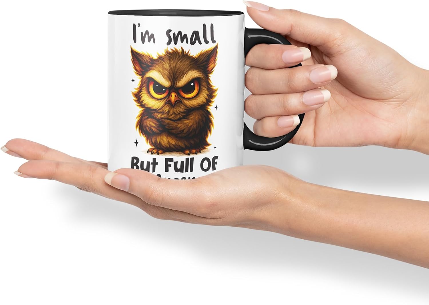 Vixar I'm Small But Full of Anger Sarcastic Owl – Coloured Ceramic Mug Cup Gift, 11oz (Black)