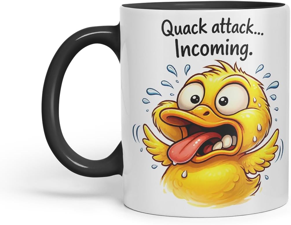 Vixar Quack Attack Incoming Funny Duck Mug – Coloured Ceramic Mug Cup Gift, 11oz (Black)