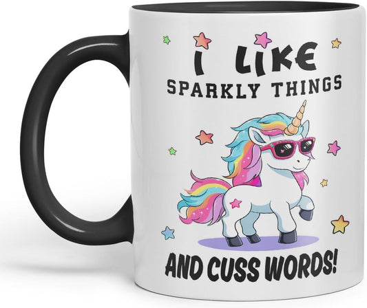 Vixar I Like Sparkly Things and Coffee – Funny Unicorn Coloured Mug Cup 11oz (Black)