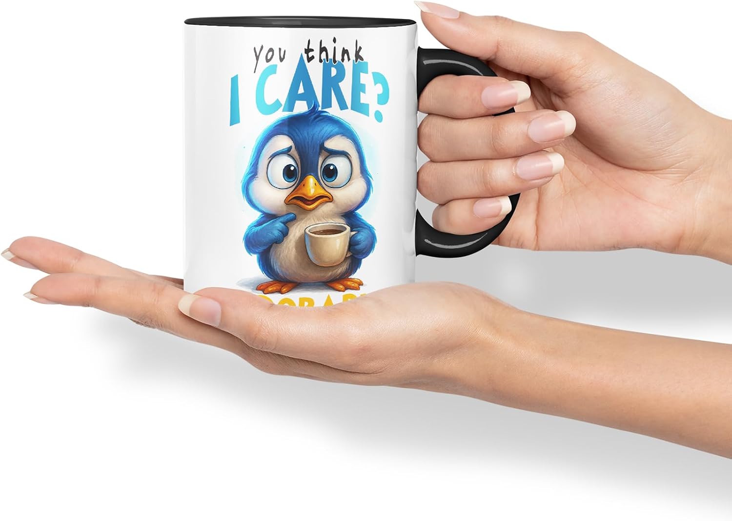 Vixar You Think I Care Adorable Sarcastic Penguin – Coloured Ceramic Mug Cup Gift, 11oz (Black)