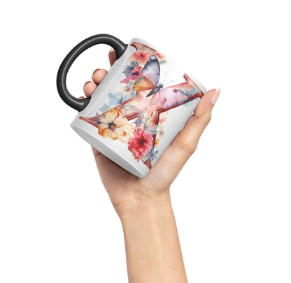 Letter X mug, Floral flowers butterfly Alphabet Letter X Monogram watercolour Ceramic Coloured Mug Cup for Tea Coffee Hot brew 330ml 11Oz Gift