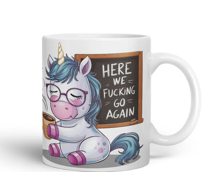 Vixar Here We F*cking Go Again – Coloured Ceramic Mug Cup Gift, 11oz (Black)