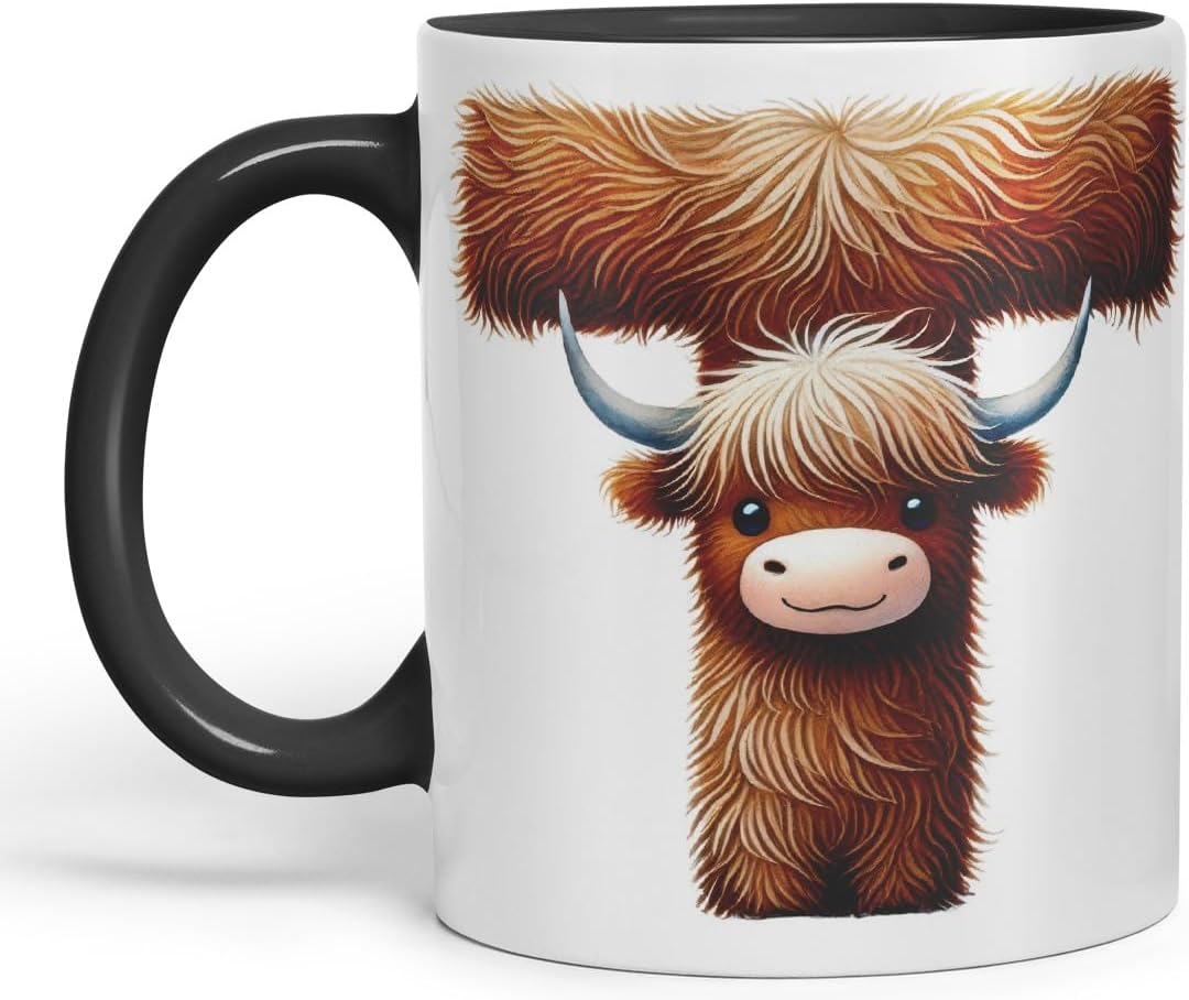 Highland Cow Alphabet Monogram Coloured Ceramic Cup Mug Letter T Rustic Farmhouse Animal Letter Gift V2 11oz (Black)