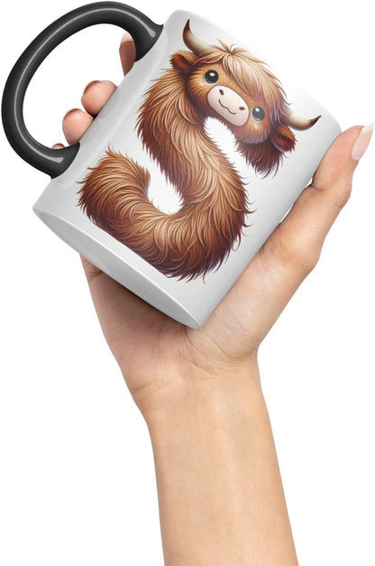 Highland Cow Alphabet Monogram Coloured Ceramic Cup Mug Letter S Rustic Farmhouse Animal Letter Gift V2 11oz (Black)