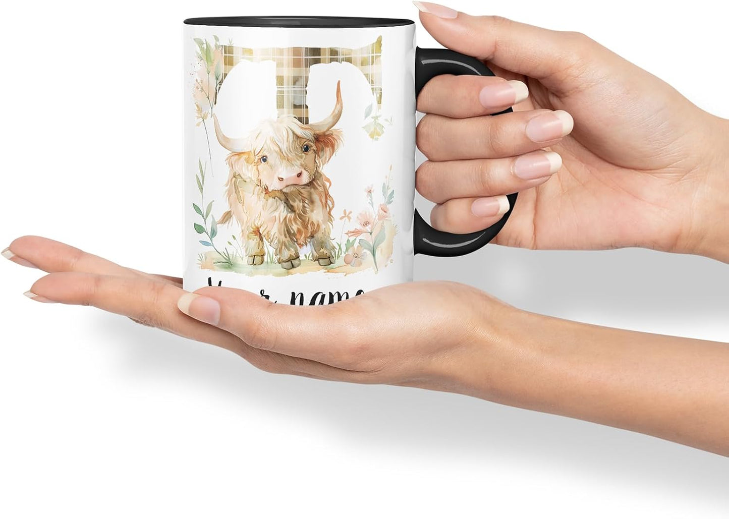 Vixar Personalised Highland Cow Initial Letter T Custom Name Mug – Coloured Ceramic Mug Cup Gift, 11oz (Black)