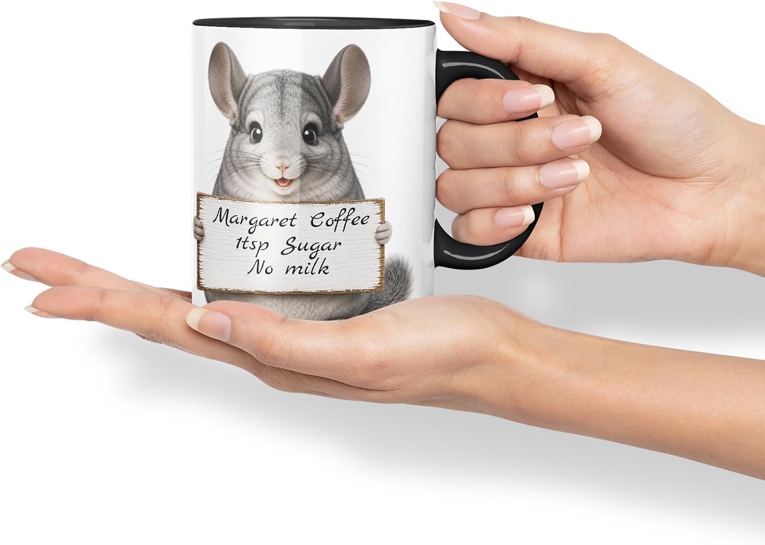 Vixar Personalised Chinchilla Mug with Name or Custom Message – Cute Animal Coloured Ceramic Mug Cup Gift, 11oz (Black)