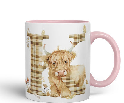 Vixar Highland Cow Alphabet Monogram Coloured Ceramic Cup Mug – Letter K – Rustic Farmhouse Animal Letter Gift – 11oz (Black)