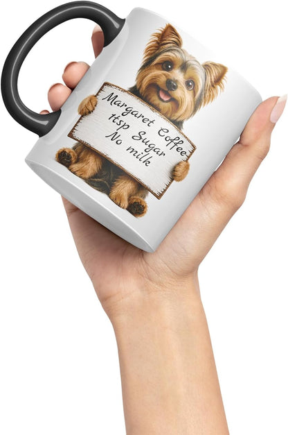 Vixar Personalised Yorkshire Terrier Dog Mug with Name or Custom Message – Cute Animal Coloured Ceramic Mug Cup Gift, 11oz (Black)