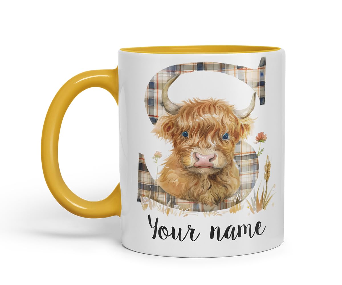 Vixar Personalised Highland Cow Initial Letter S Custom Name Mug – Coloured Ceramic Mug Cup Gift, 11oz (Black)