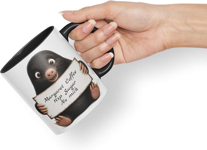 Vixar Personalised Mole Mug with Name or Custom Message – Cute Animal Coloured Ceramic Mug Cup Gift, 11oz (Black)