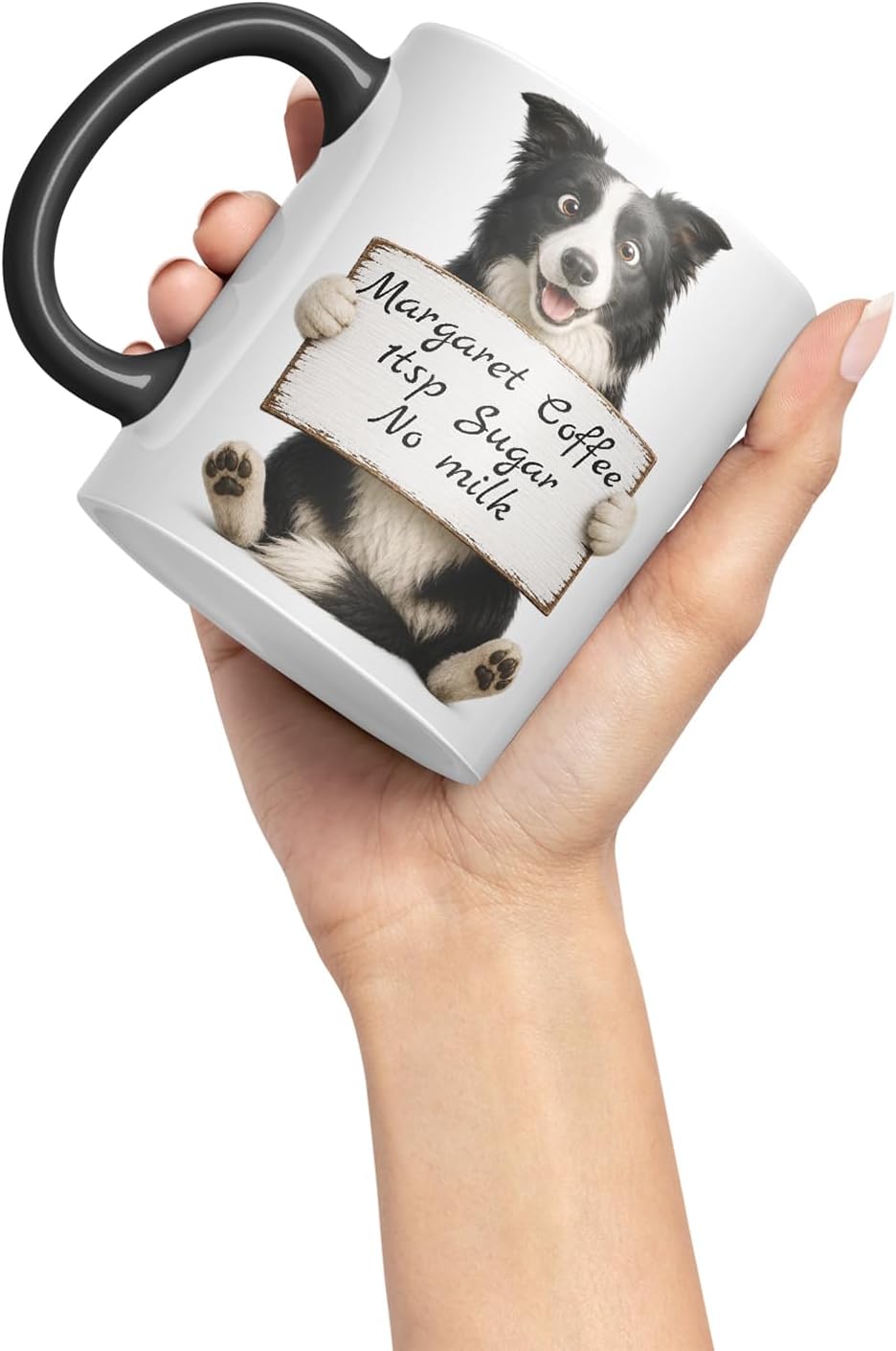 Vixar Personalised Border Collie Mug with Name or Custom Message – Cute Animal Coloured Ceramic Mug Cup Gift, 11oz (Black)