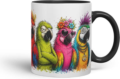 Vixar Parrots Mug – Colourful Bird Lover Coloured Ceramic Mug Cup Gift, 11oz (Black)