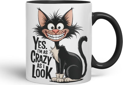 Vixar Yes I’m as Crazy as I Look (Cat) – Coloured Ceramic Mug Cup Gift, 11oz (Black)