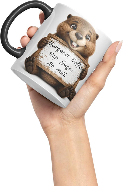 Vixar Personalised Beaver Mug with Name or Custom Message – Cute Animal Coloured Ceramic Mug Cup Gift, 11oz (Black)