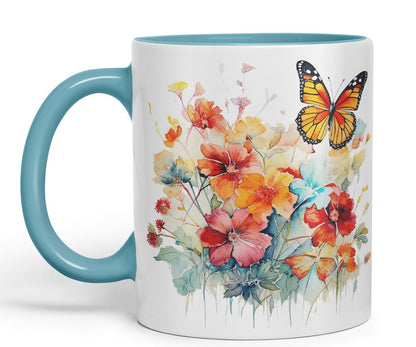 Vixar Ceramic Mug “Flowers & Butterfly” – Coloured Coffee & Tea Mug Cup 11oz 330ml (Black)