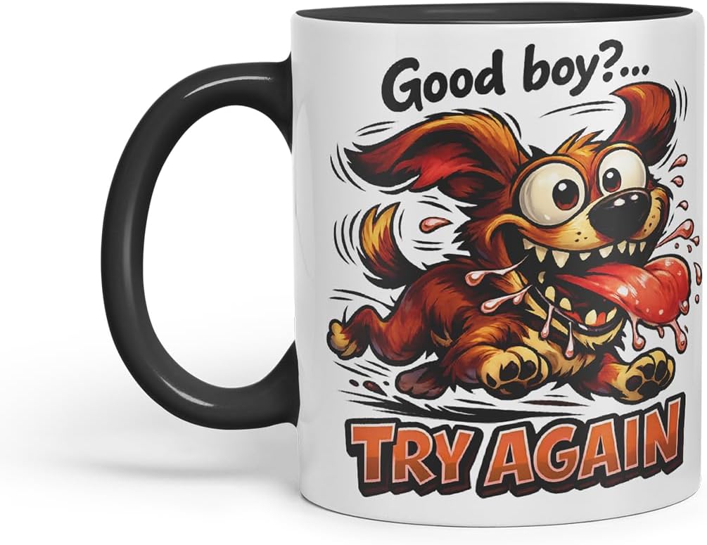 Vixar Good Boy Try Again Funny Dog Mug – Coloured Ceramic Mug Cup Gift, 11oz (Black)