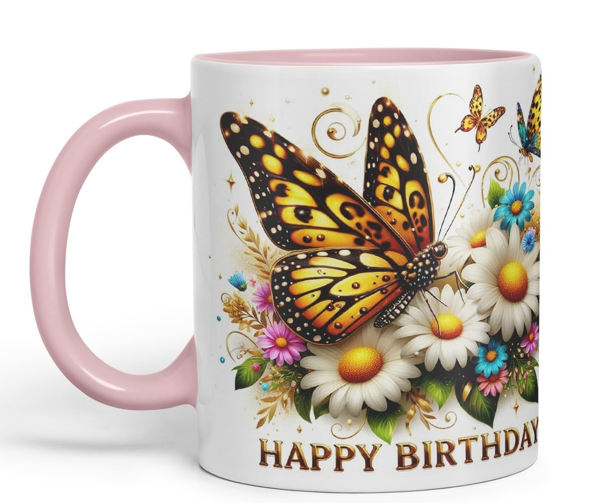Vixar Happy Birthday Golden Butterfly Daisies Coloured Ceramic Mug Cup Gift 11oz V9 (Black)