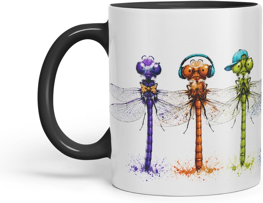 Vixar Dragonfly Mug – Cute Dragonfly Animal Coloured Ceramic Mug Cup Gift, 11oz (Black)