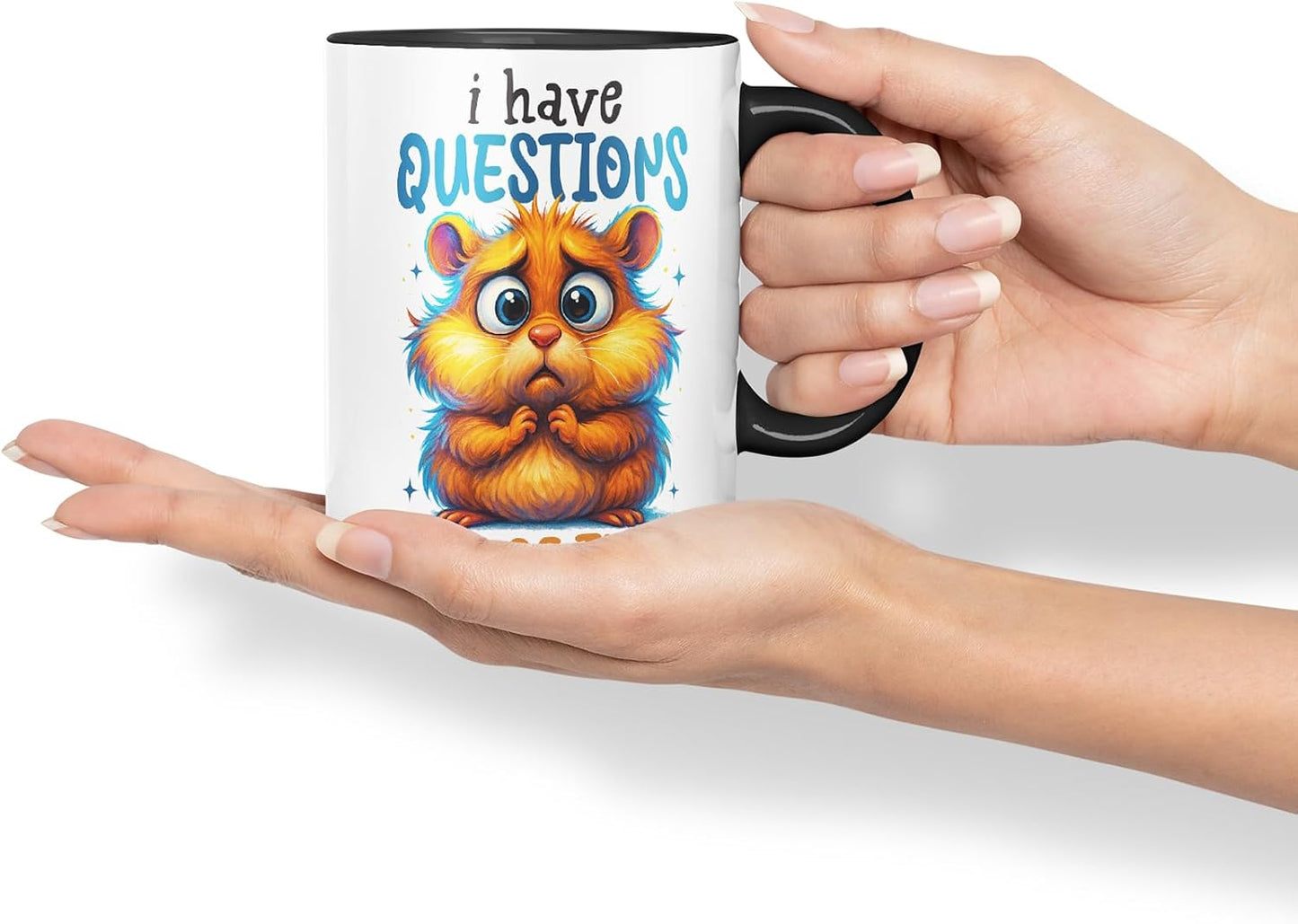 Vixar I Have Questions Lots of Them Funny Hamster Mug – Coloured Ceramic Mug Cup Gift, 11oz (Black)