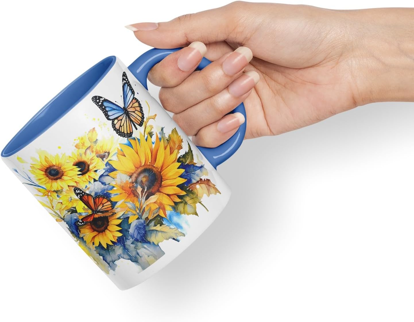 Vixar Ceramic Mug “Sunflower & Butterfly” – Coloured Coffee & Tea Mug Cup 11oz 330ml (Cambridge Blue)