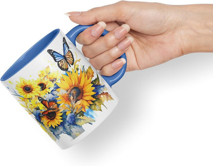 Vixar Ceramic Mug “Sunflower & Butterfly” – Coloured Coffee & Tea Mug Cup 11oz 330ml (Cambridge Blue)