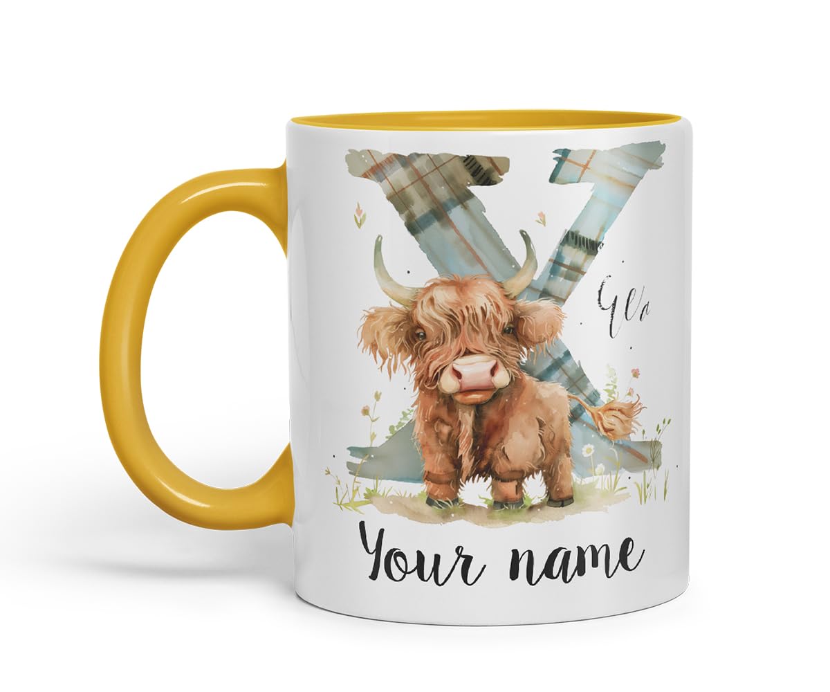 Vixar Personalised Highland Cow Initial Letter X Custom Name Mug – Coloured Ceramic Mug Cup Gift, 11oz (Black)