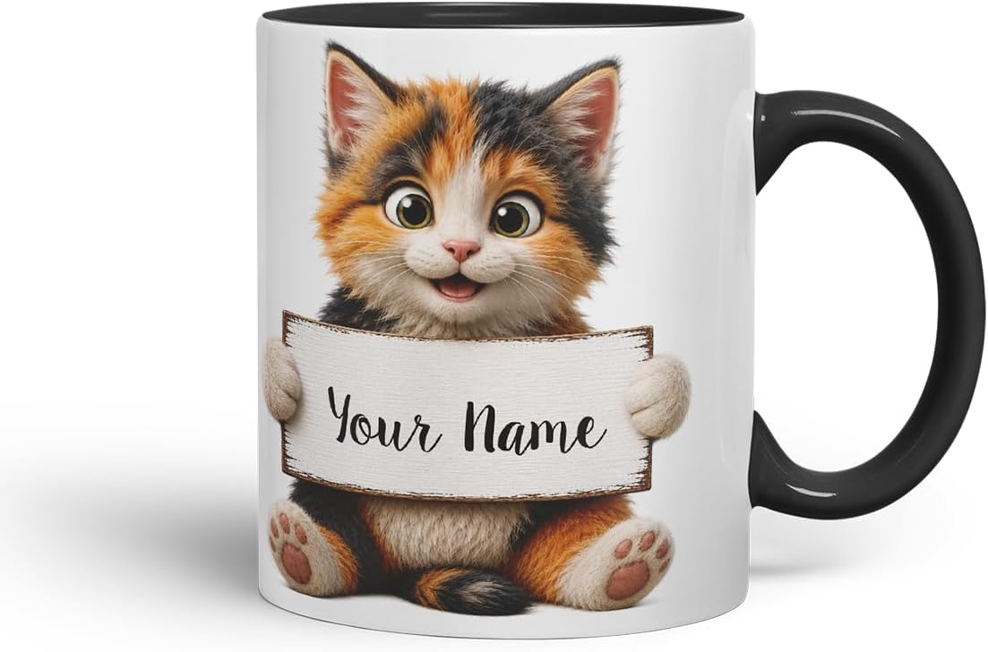 Vixar Personalised Mixed Cat Mug with Name or Custom Message – Cute Animal Coloured Ceramic Mug Cup Gift, 11oz (Black)