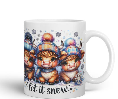 Vixar Let It Snow Cute Highland Cow Coloured Mug Cup Winter Christmas Animal Gift 11oz (Black)