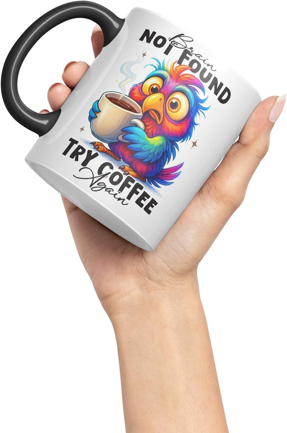 Vixar Brain Not Found Try Coffee Again Funny Bird Coffee Mug – Coloured Ceramic Mug Cup Gift, 11oz (Black)