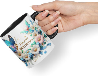 Vixar Happy Birthday Pearl Accents Butterflies Coloured Ceramic Mug Cup Gift 11oz V7 (Black)