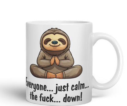 Everyone… just Calm… The f.. Down! Sloth Sarcastic Joke Ceramic Coloured Mug Cup for Tea Coffee Hot Brew 330ml 11 OZ