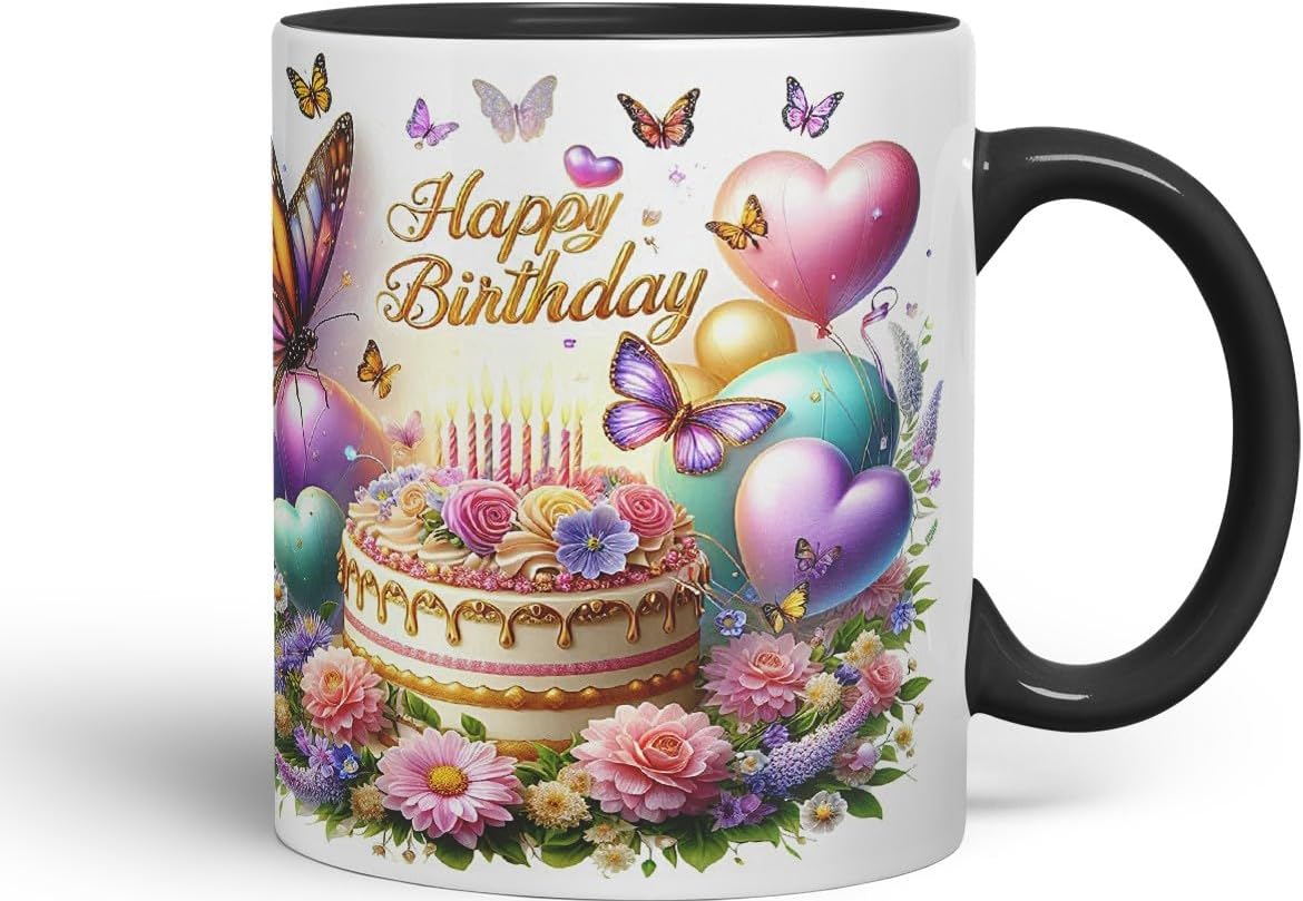 Vixar Happy Birthday Butterflies Over Cake Coloured Ceramic Mug Cup Gift 11oz V12 (Black)