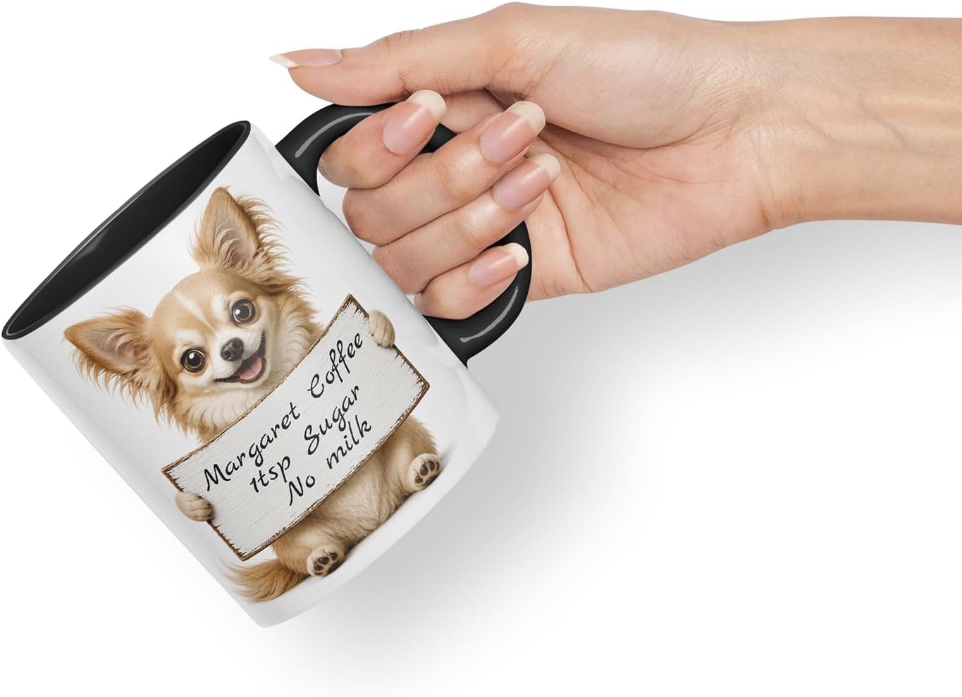 Vixar Personalised Long Hair Chihuahua Mug with Name or Custom Message – Cute Animal Coloured Ceramic Mug Cup Gift, 11oz (Black)