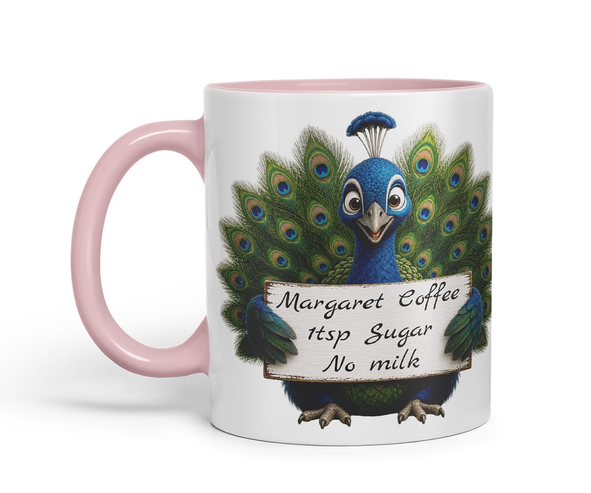 Vixar Personalised Peacock Mug with Name or Custom Message – Cute Animal Coloured Ceramic Mug Cup Gift, 11oz (Black)
