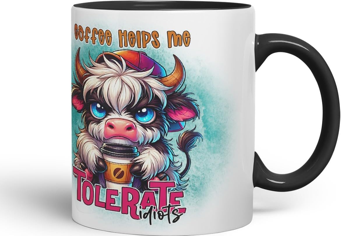 Vixar Coffee Helps Me Tolerate Idiots Highland Cow Coloured Ceramic Mug Cup Gift for Coffee Lovers 11oz (Black)
