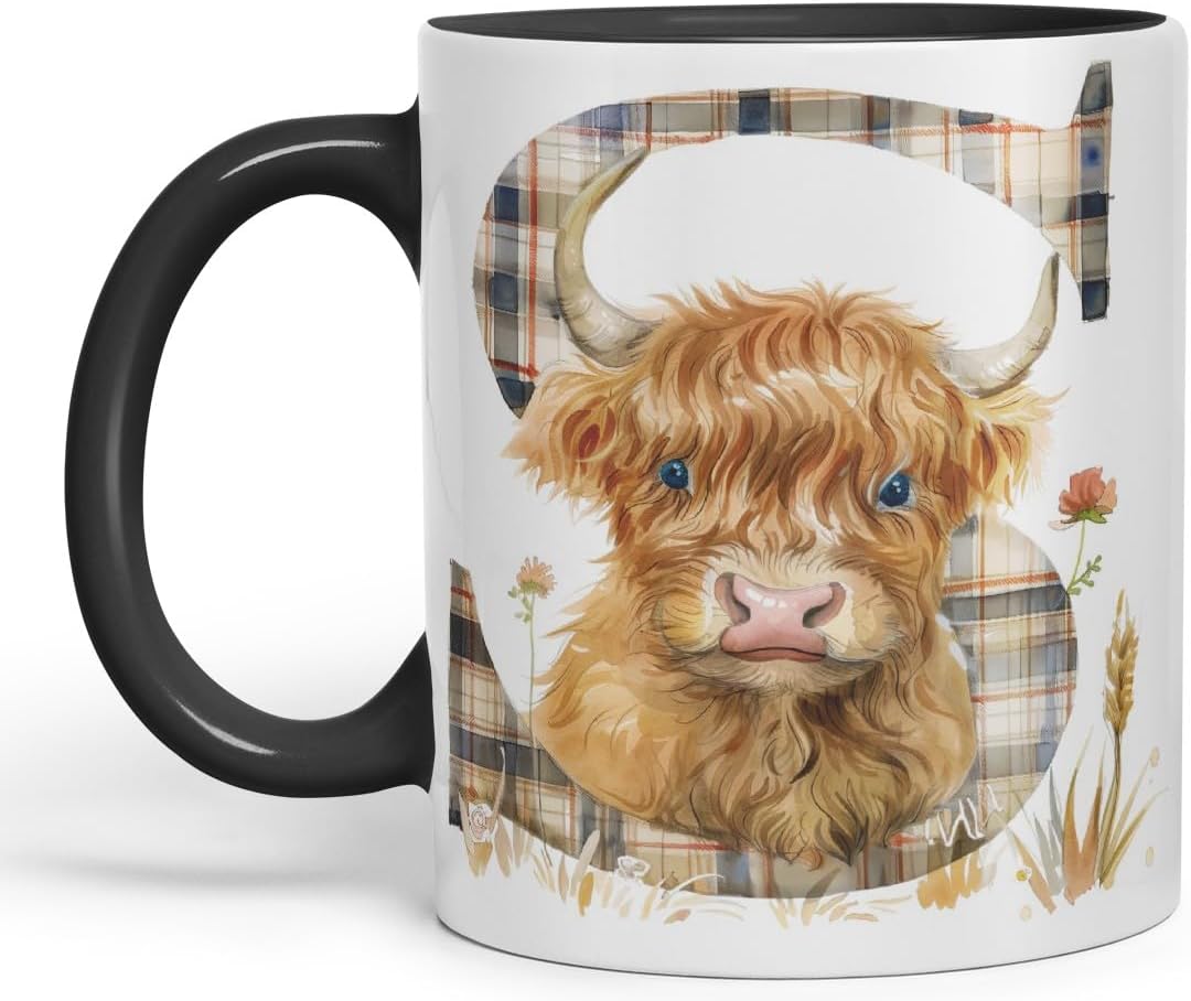 Vixar Highland Cow Alphabet Monogram Coloured Ceramic Cup Mug – Letter S – Rustic Farmhouse Animal Letter Gift – 11oz (Black)