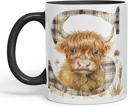 Vixar Highland Cow Alphabet Monogram Coloured Ceramic Cup Mug – Letter S – Rustic Farmhouse Animal Letter Gift – 11oz (Black)