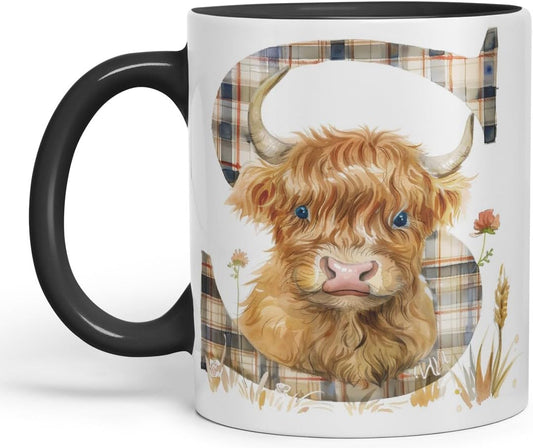 Vixar Highland Cow Alphabet Monogram Coloured Ceramic Cup Mug – Letter S – Rustic Farmhouse Animal Letter Gift – 11oz (Black)