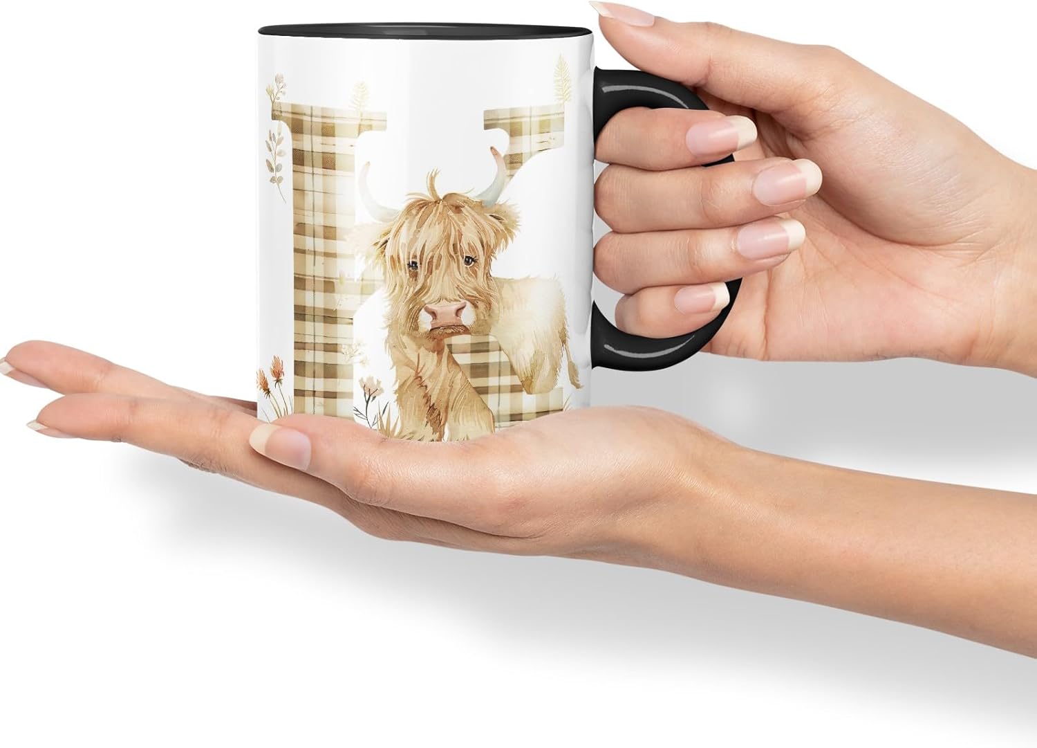 Vixar Highland Cow Alphabet Monogram Coloured Ceramic Cup Mug – Letter K – Rustic Farmhouse Animal Letter Gift – 11oz (Black)