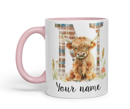 Vixar Personalised Highland Cow Initial Letter N Custom Name Mug – Coloured Ceramic Mug Cup Gift, 11oz (Black)