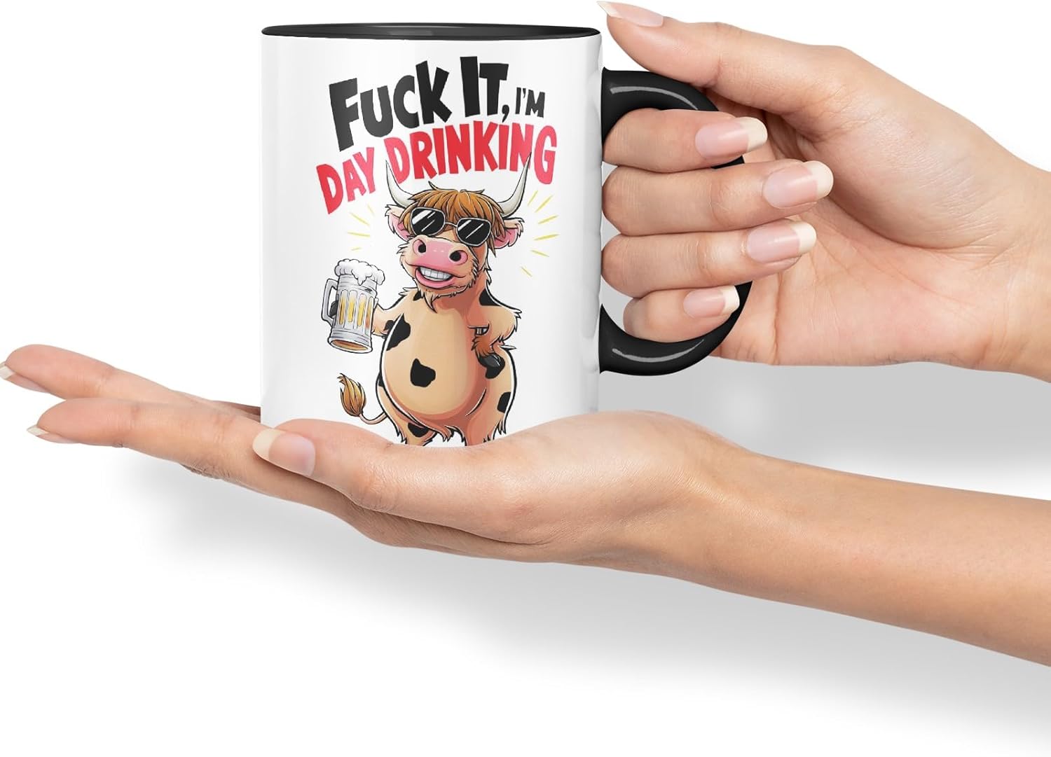 Vixar It I’m Day Drinking (Cow) – Coloured Ceramic Mug Cup Gift, 11oz (Black)