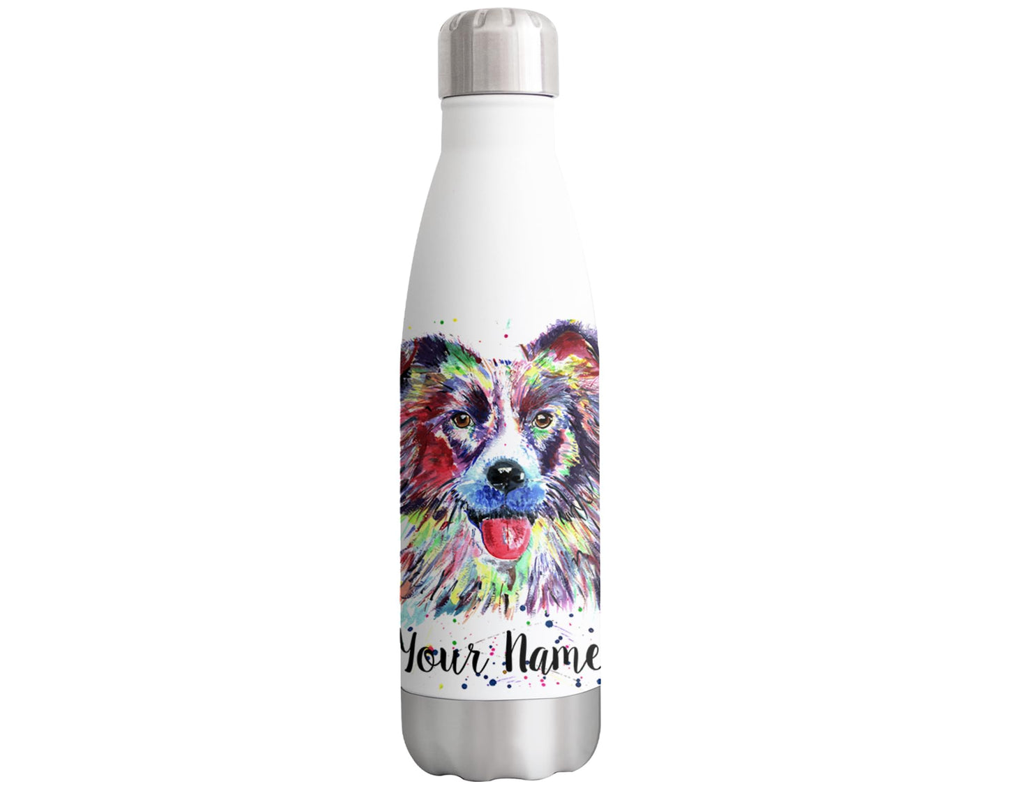 Vixar Border Collie Personalised Custom Bottle with your Text/name Dog pet Watercolour Farm animals Bottle double Wall insulated Stainless steel sport Drinks 500ml